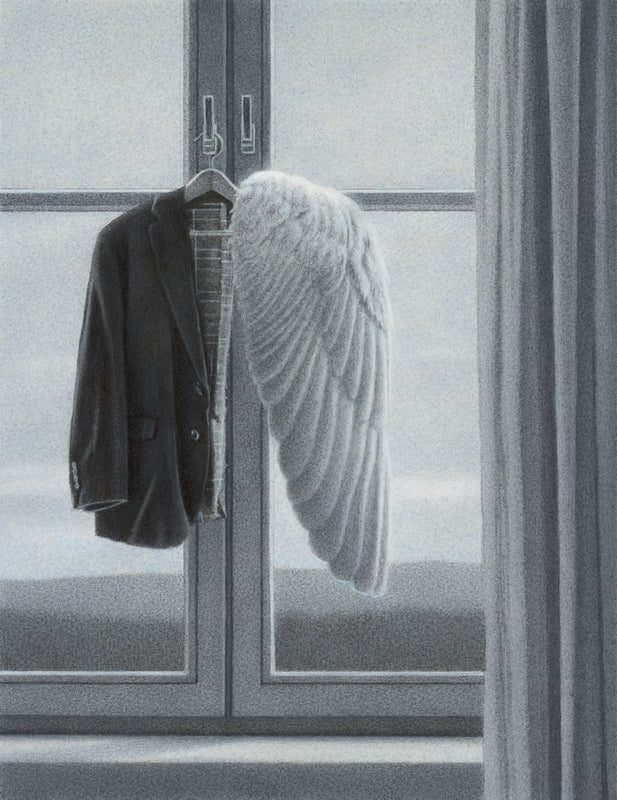Quint Buchholz Kunstwerk: Ein Fenster, darin hängt auf einem Bügel halb Jacke, halb Engelsflügel