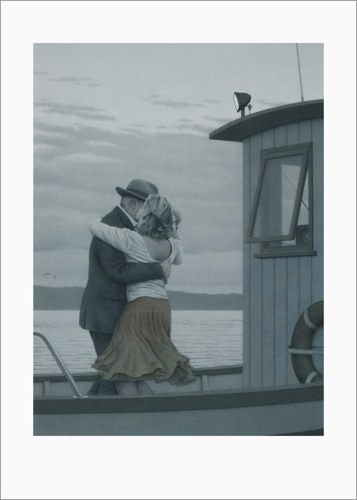 älteres Paar tanzend auf einem Boot auf dem Wasser, Fluss, romantisch, Bild von Quint Buchholz