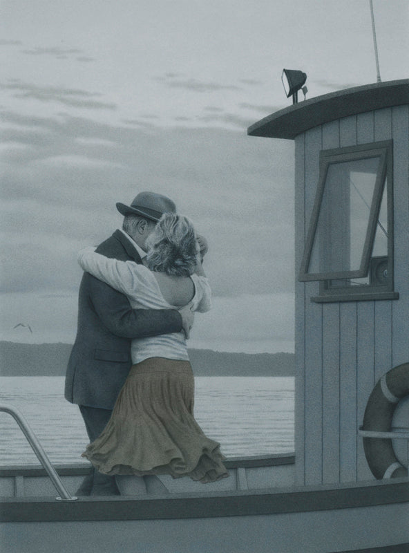 Bild von Quint Buchholz zeigt älteres Paar beim Tanz auf einem Boot auf dem Wasser, Fluss, romantisch, 