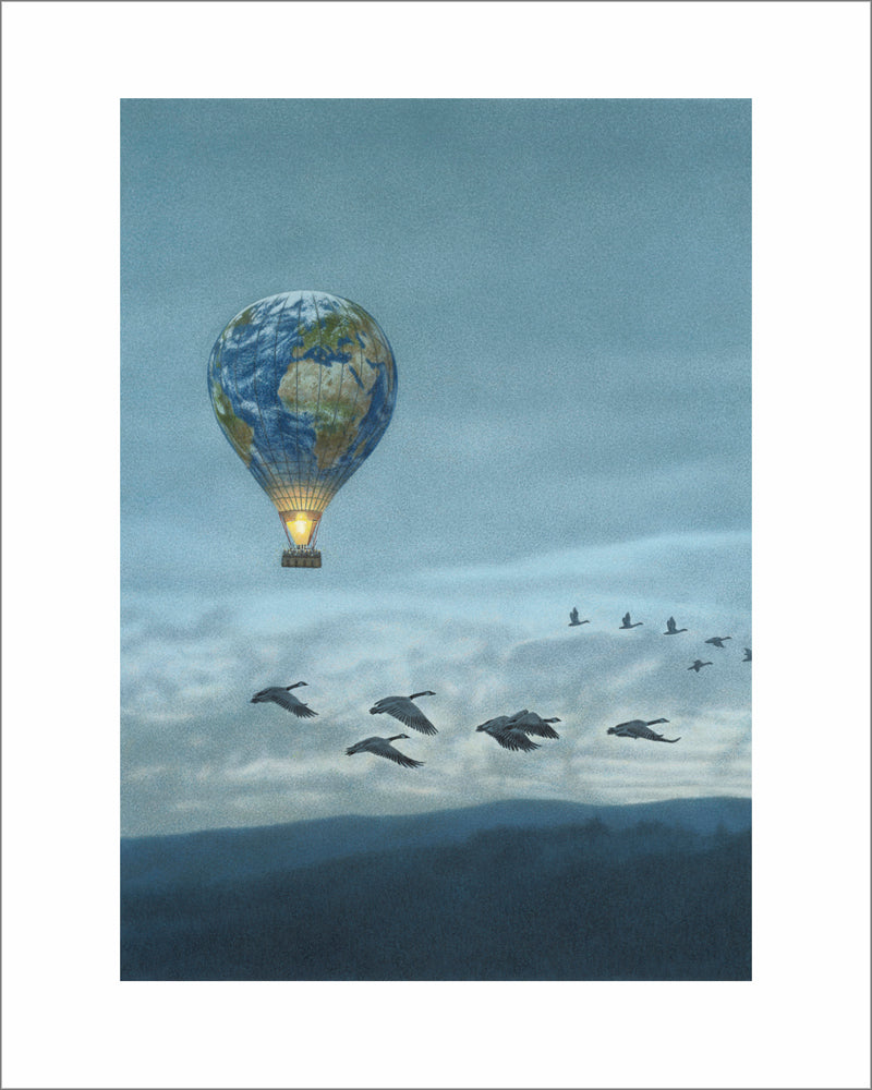 Quint Buchholz Kunstdruck: Gänse fliegen am Himmel, dazwischen ein Heißluft-Ballon, der wie eine Erdkugel aussieht