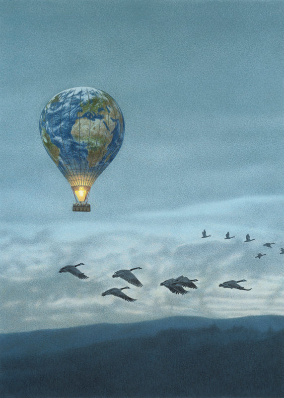 Quint Buchholz Kunstwerk: Gänse fliegen am Himmel, dazwischen ein Heißluft-Ballon, der wie eine Erdkugel aussieht