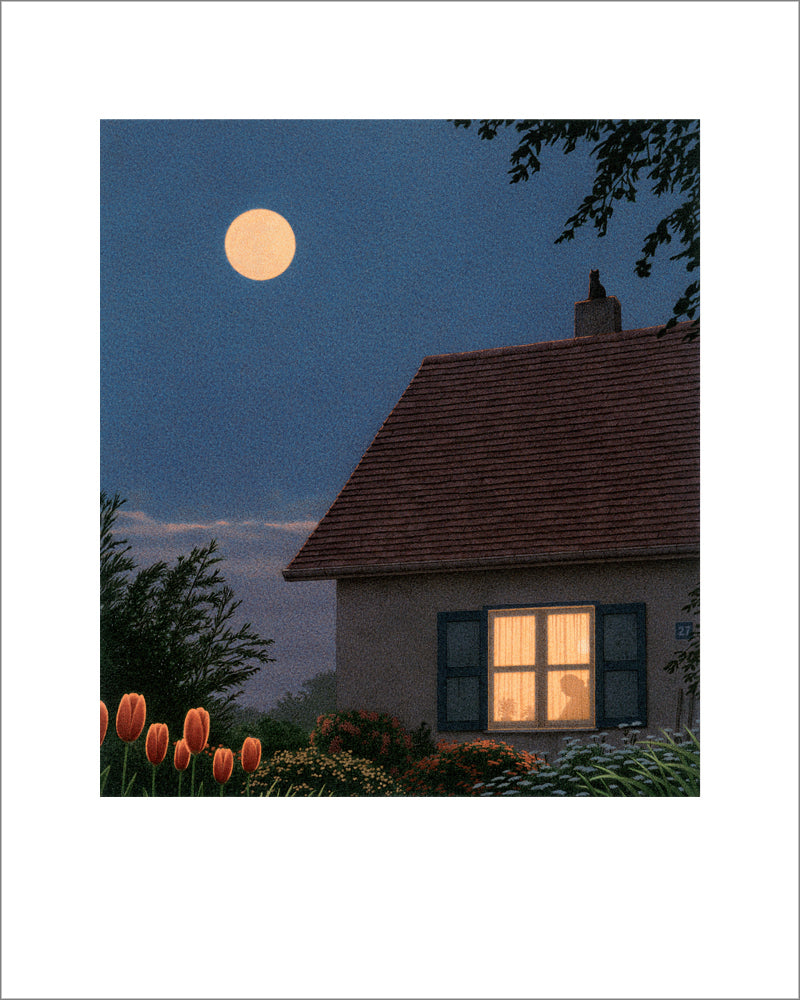 Kunstdruck von Quint Buchholz, Haus in der Nacht, am Himmel Vollmond, davor ein Garten mit roten Tulpen und Blumen
