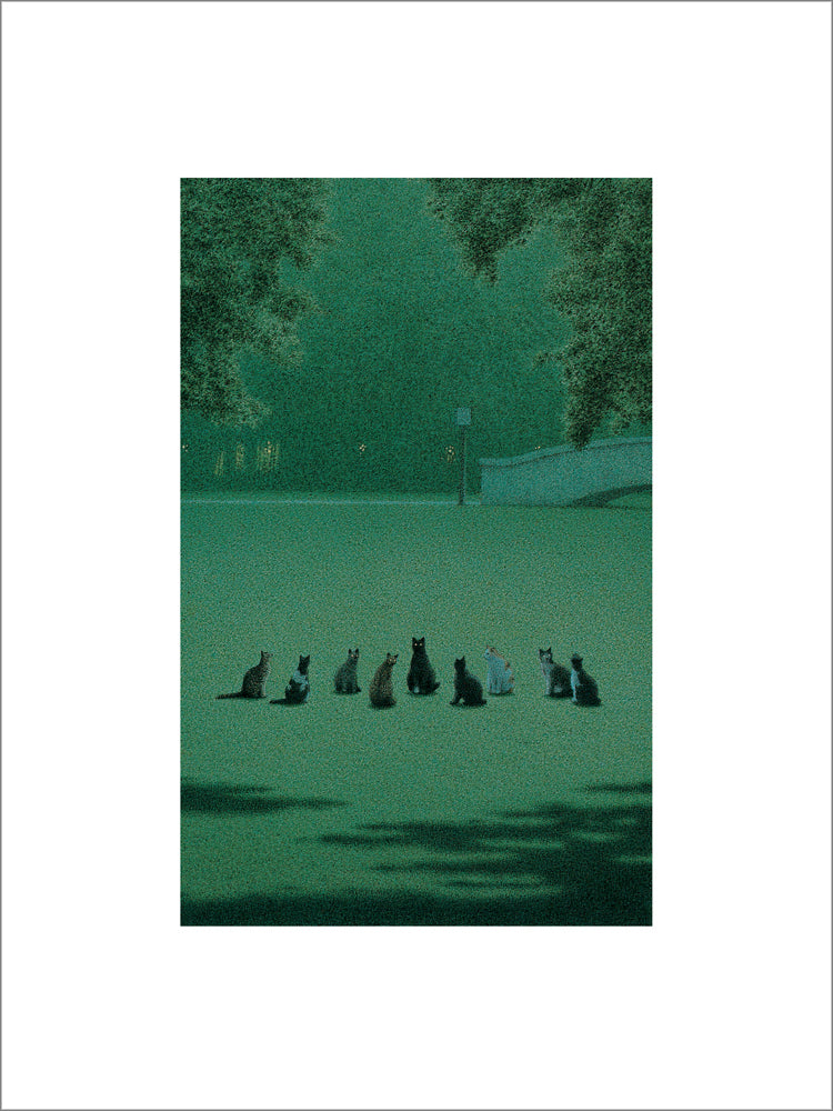 Quint Buchholz Kunstwerk: 9 Katzen treffen sich nachts auf einem Platz an einer Brücke