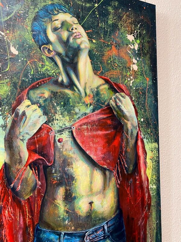 Gemälde, Portrait eines jungen Mannes, sexy, nackter Oberkörper, CSD, Gay, Künstlerin Carolin Okon