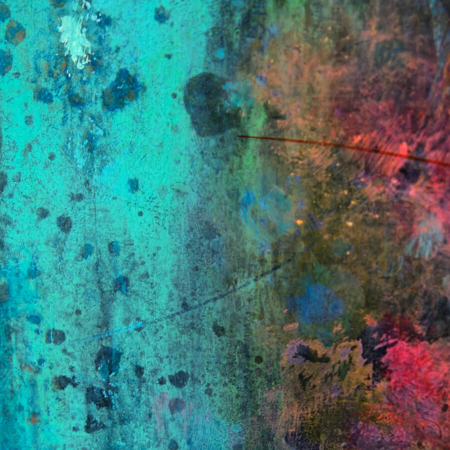 Detail: Acrylgemälde von Hartwig Dilling, abstrakte Kunst, leuchtendes Rot und Blau, Malerei