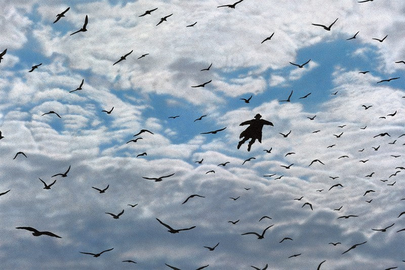 Kunst, Bild von Quint Buchholz, Das Kartengeheimnis, Kunstdruck, Der Flug, Mann fliegt mit den Vögeln, blauer Himmel