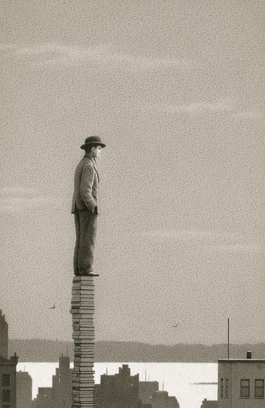 Kunst, Bild von Quint Buchholz, Kunstdruck, Die Bibliothek, Mann auf Bücherstapel, schaut über die Stadt