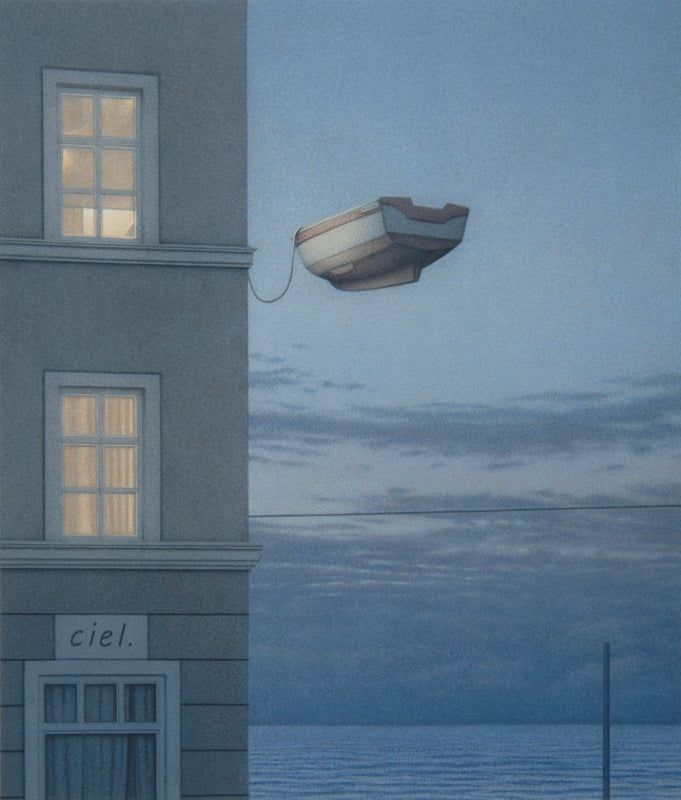 Bild, Kunst von Quint Buchholz, Kunstdruck, fliegendes Boot angeleint an Hauswand, am Fenster bei Nacht