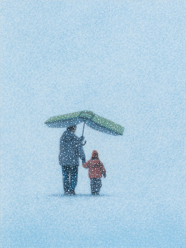 Bild, Kunst von Quint Buchholz, Kunstdruck, im Winter, Mann und Kind unter einem Schirm aus einem Buch, Schnee, Wintertreiben