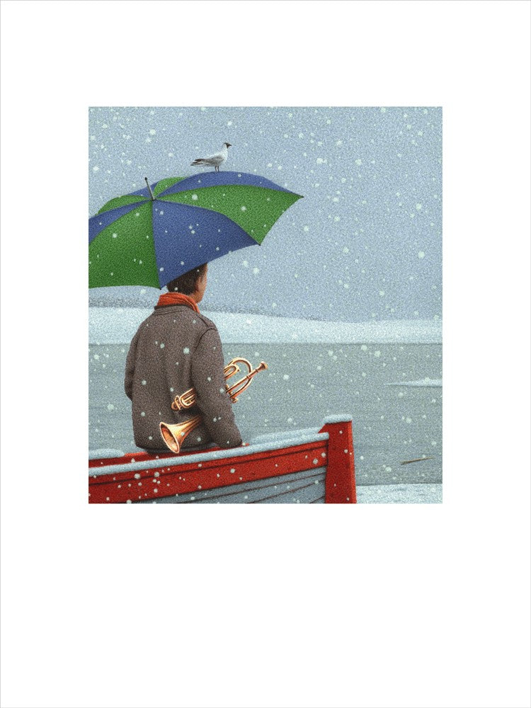Bild, Kunst von Quint Buchholz, Kunstdruck, Mann mit Trompete unter Schirm im Schneetreiben, Winter