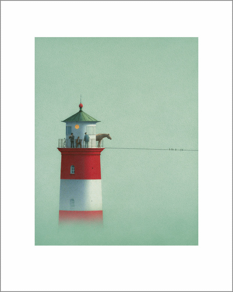 Bild, Kunst von Quint Buchholz, Kunstdruck, Leuchtturm im Nebel, Pferd mit Hochseil, Mann mit Akkordeon