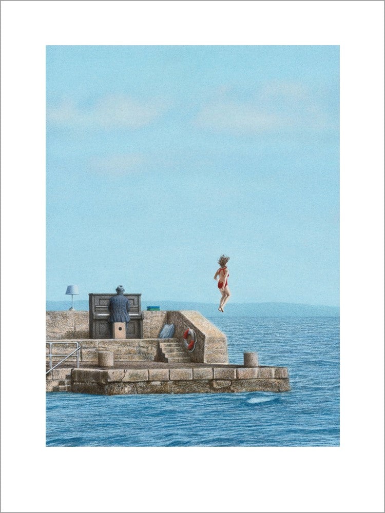 Bild, Kunst von Quint Buchholz, Kunstdruck, Mann und Frau am Wasser, Mann am Piano, Frau springt ins Wasser