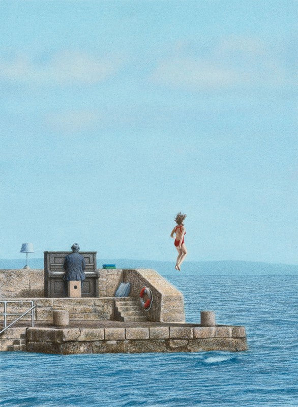 Bild, Kunst von Quint Buchholz, Kunstdruck, Mann und Frau am Wasser, Mann am Piano, Frau springt ins Wasser