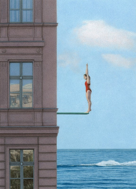 Bild, Kunst von Quint Buchholz, Kunstdruck, Morgen V, Frau springt vom Srpungbrett an Hauswand ins Wasser, surreal
