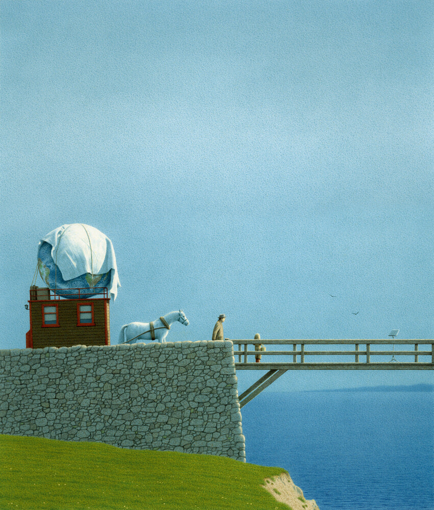 Bild, Kunst von Quint Buchholz, Kunstdruck, Morgen I, Pferd zieht Wagen mit Erdkugel, Brücke über Wasser