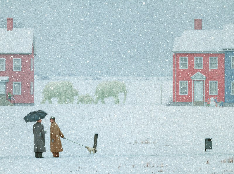 Bild, Kunst von Quint Buchholz, Kunstdruck, Schneeelefanten, Elefanten im Schnee, davor zwei Männer mit Hund, Winterlandschaft, surreal