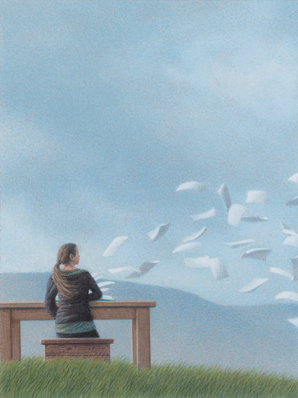 Bild, Kunst von Quint Buchholz, Kunstdruck, Sommerwind, Frau sitzt am Tisch, Blätter, Zettel fliegen durch die Luft