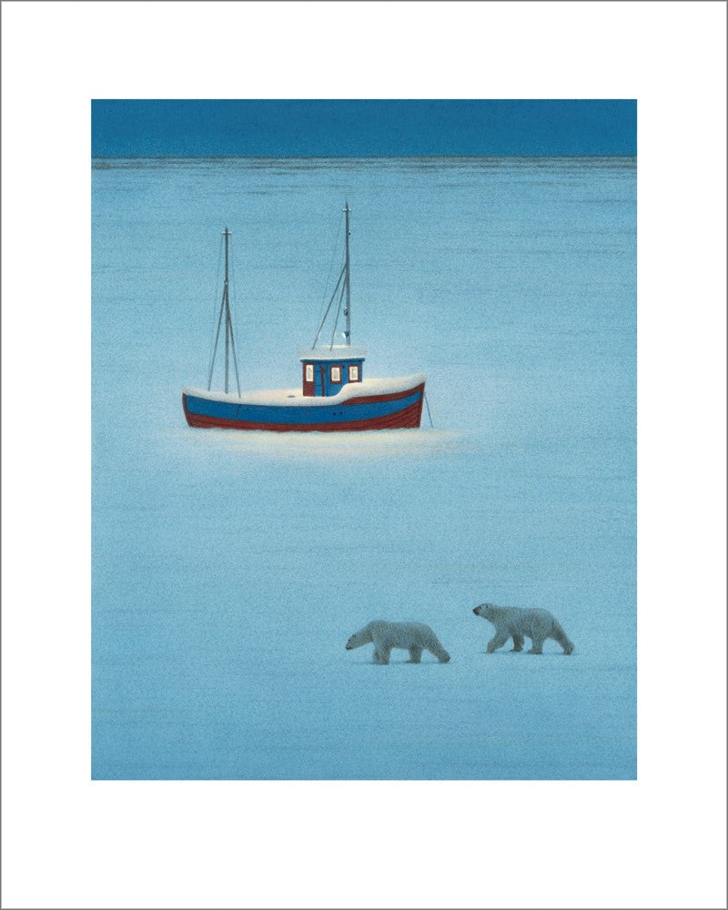 Bild, Kunst von Quint Buchholz, Kunstdruck,  Schiff im Eis, es strahlt Wärme aus, davor zwei Eisbären